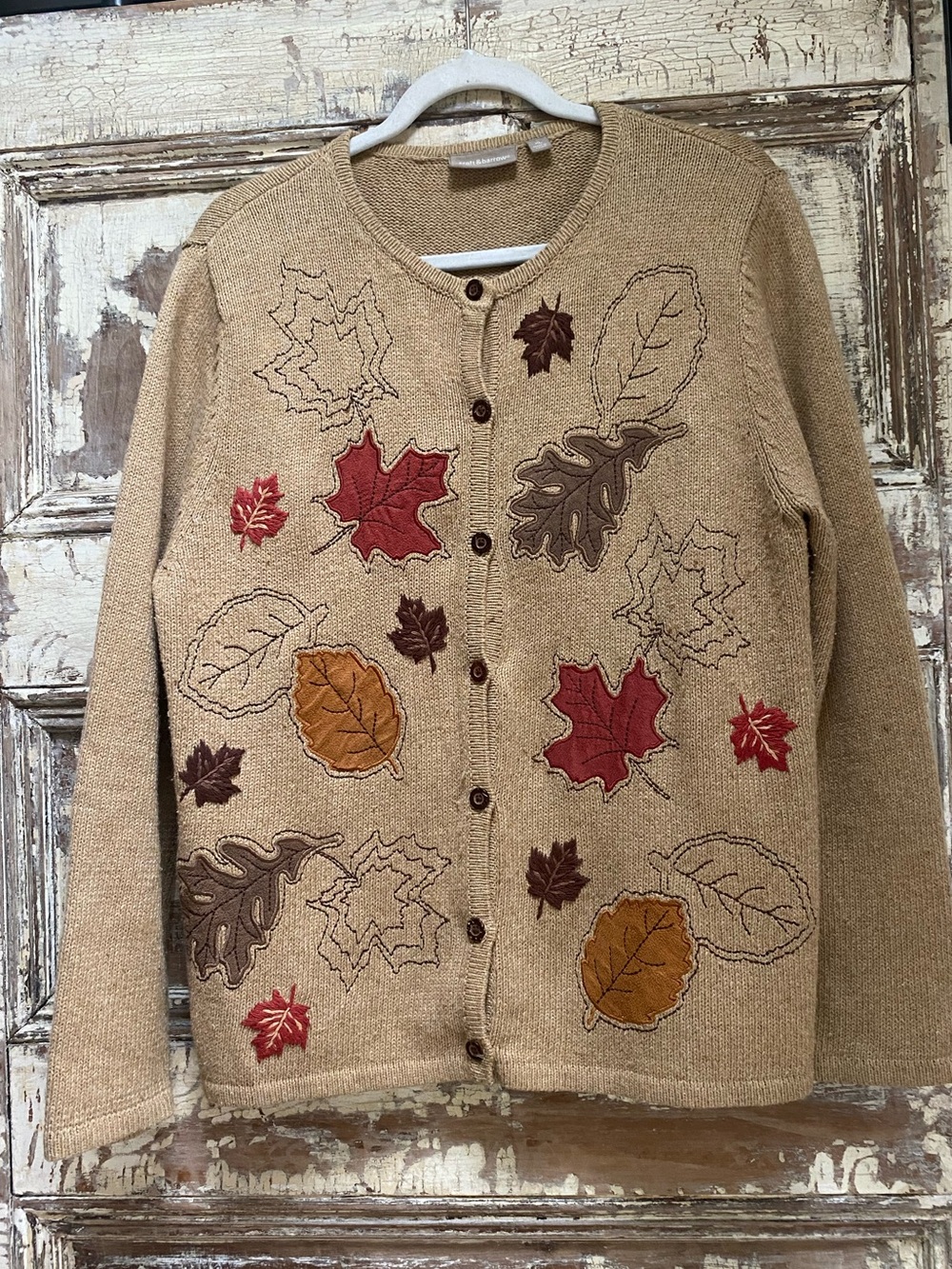 Women's Beige Fall Leaf Button Cardigan Sweater